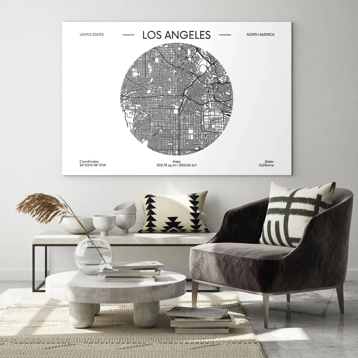 Glasbild - Bild auf glas - Eine minimalistische Schwarzweißkarte von Los Angeles. - 70x50cm - Anatomie von Los Angeles - Moderne Wanddekoration für Wohnzimmer und Schlafzimmer ARTTOR