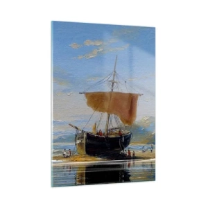 Glasbild - Bild auf glas - Ein Schiff mit Segel am Ufer im malerischen Stil - 50x70cm - Wasser, Land, Luft - Moderne Wanddekoration für Wohnzimmer und Schlafzimmer ARTTOR