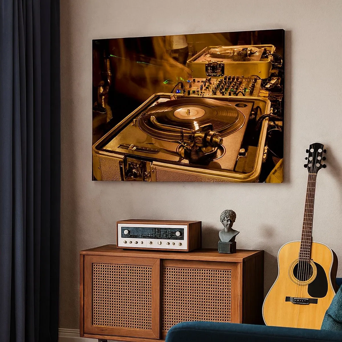 Bild auf Leinwand - Leinwandbild - DJ-Equipment mit Plattenspieler und Mixer während einer Party - 70x50cm - Kannst du die Kraft spüren? - Moderne Wanddekoration für Wohnzimmer und Schlafzimmer ARTTOR