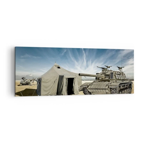 Bild auf Leinwand - Leinwandbild - Ein Panzer neben einem Militärzelt in einer Wüstengegend - 140x50cm - Ein militärischer Traum - Moderne Wanddekoration für Wohnzimmer und Schlafzimmer ARTTOR