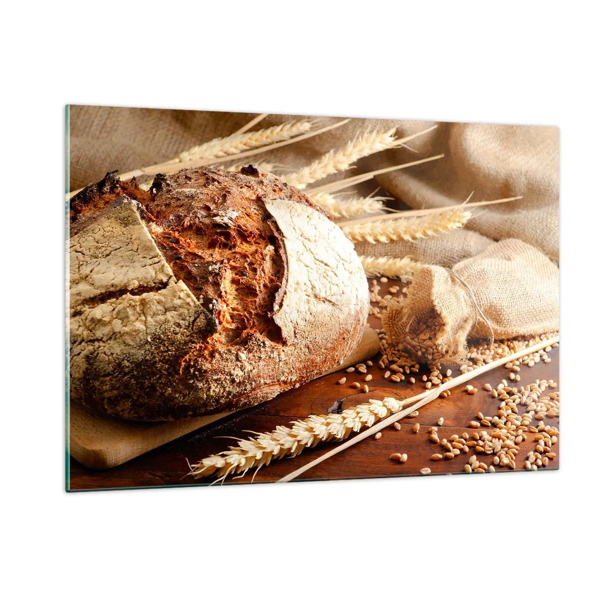 Glasbild - Bild auf glas - Brot auf einem Brett mit Weizenähren und Getreidesäcken - 120x80cm - Appetitanregend, duftend, knackig - Moderne Wanddekoration für Wohnzimmer und Schlafzimmer ARTTOR