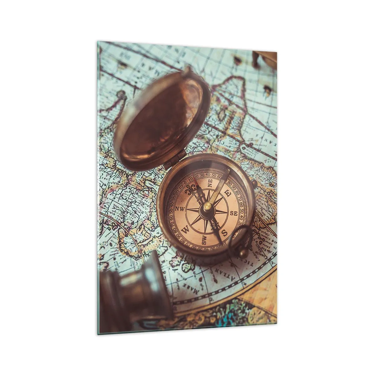 Glasbild - Bild auf glas - Komposition mit Kompass, Schlüsseln und einer alten Karte im Retro-Stil - 70x100cm - Für den Abenteurer - Moderne Wanddekoration für Wohnzimmer und Schlafzimmer ARTTOR