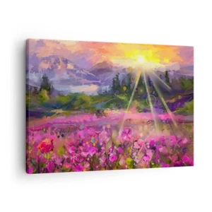 Bild auf Leinwand - Leinwandbild - Eine malerische Wiese in den Strahlen der untergehenden Sonne - 70x50cm - Im Tal unter dem Schutz der Sonne - Moderne Wanddekoration für Wohnzimmer und Schlafzimmer ARTTOR