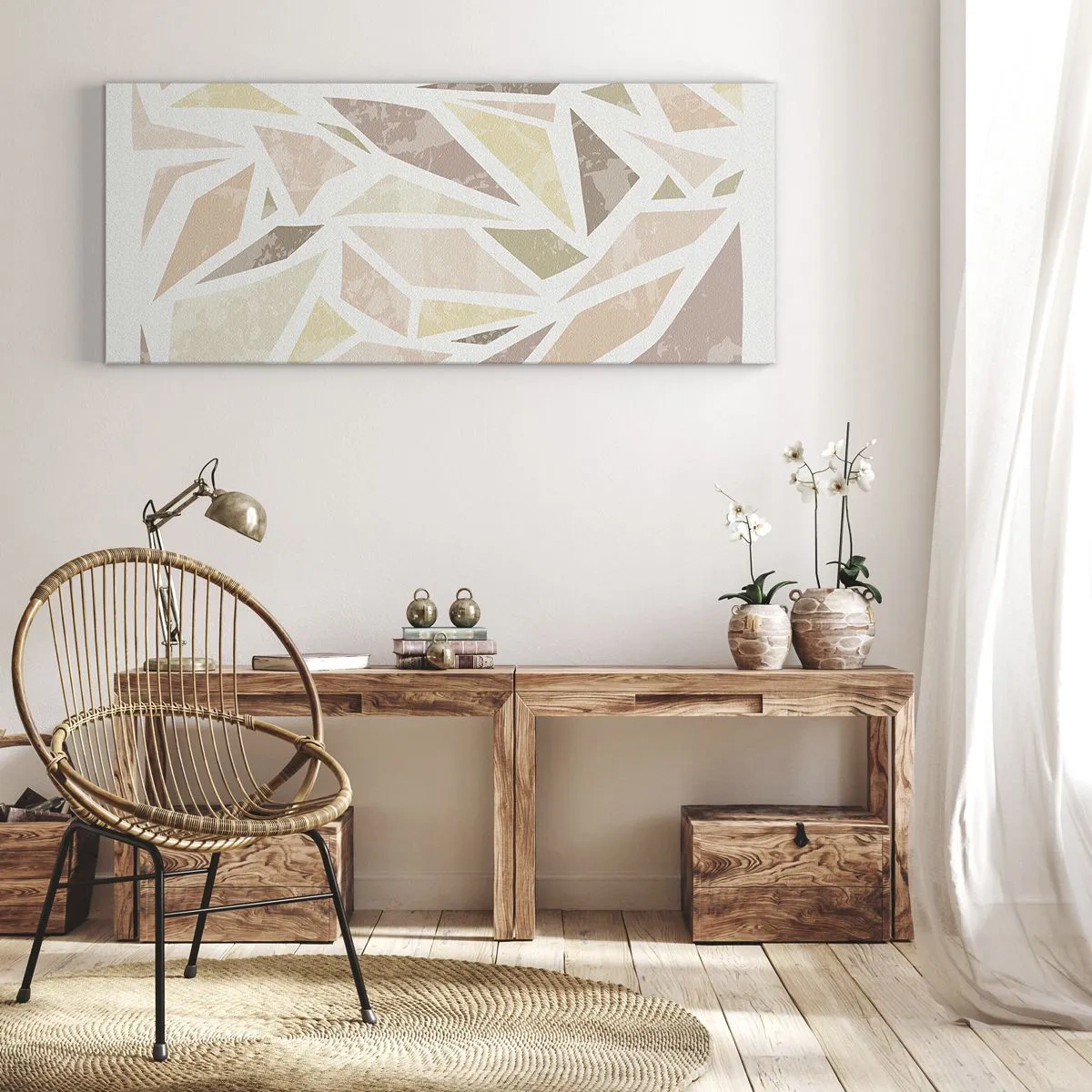 Bild auf Leinwand - Leinwandbild - Abstrakte geometrische Formen in Pastellfarben - 160x50cm - Buntglas-Komposition - Moderne Wanddekoration für Wohnzimmer und Schlafzimmer ARTTOR