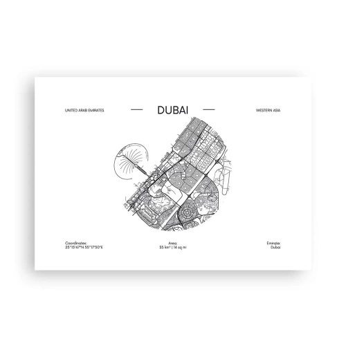 Poster - Eine minimalistische Schwarzweißkarte von Dubai mit Standortmarkierungen. - 100x70cm - Anatomie von Dubai - Moderne Wanddekoration für Wohnzimmer und Schlafzimmer ARTTOR