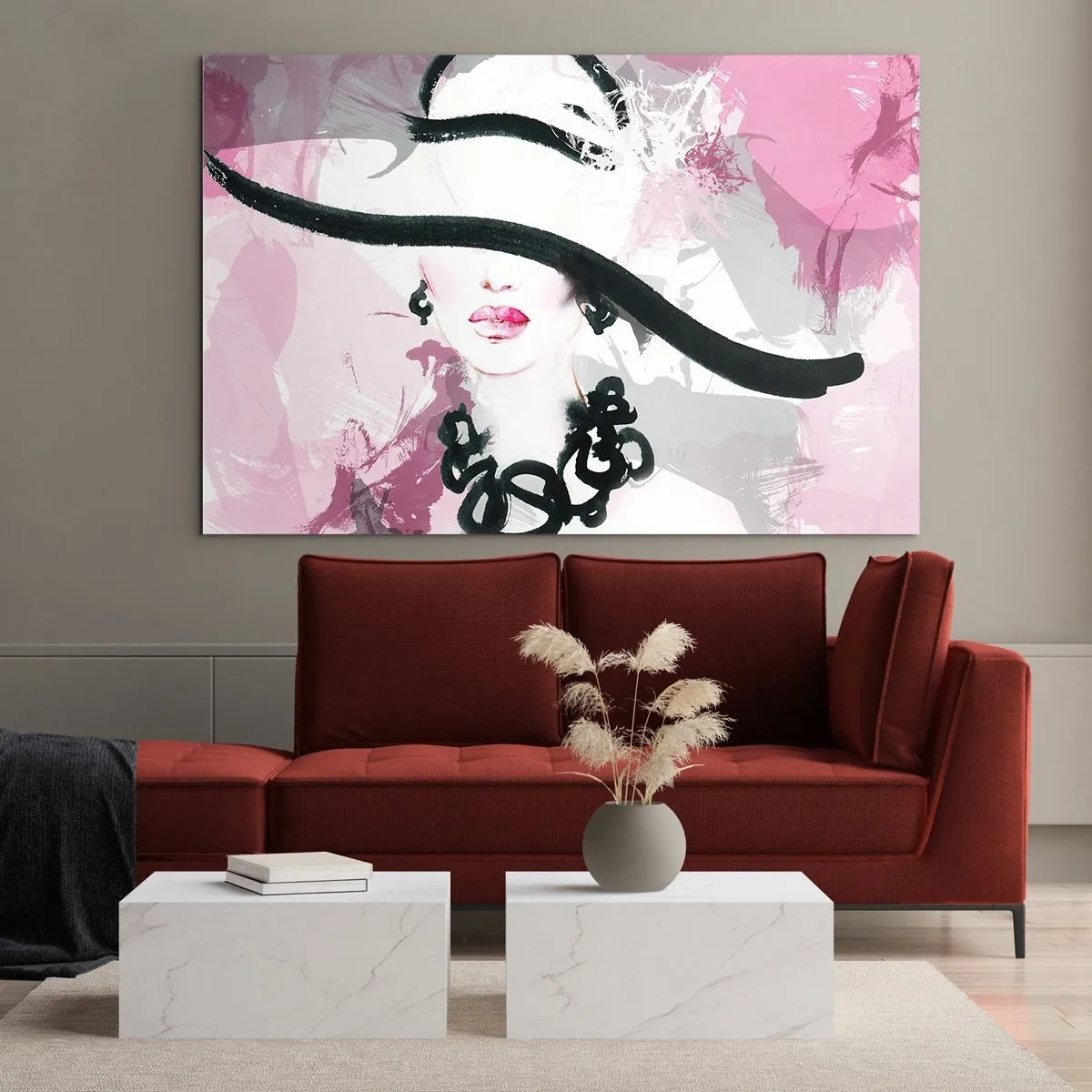 Glasbild - Bild auf glas - Porträt einer Frau mit schwarzem Hut vor rosa Hintergrund - 120x80cm - Bildnis einer Dame in Schwarz und Pink - Moderne Wanddekoration für Wohnzimmer und Schlafzimmer ARTTOR
