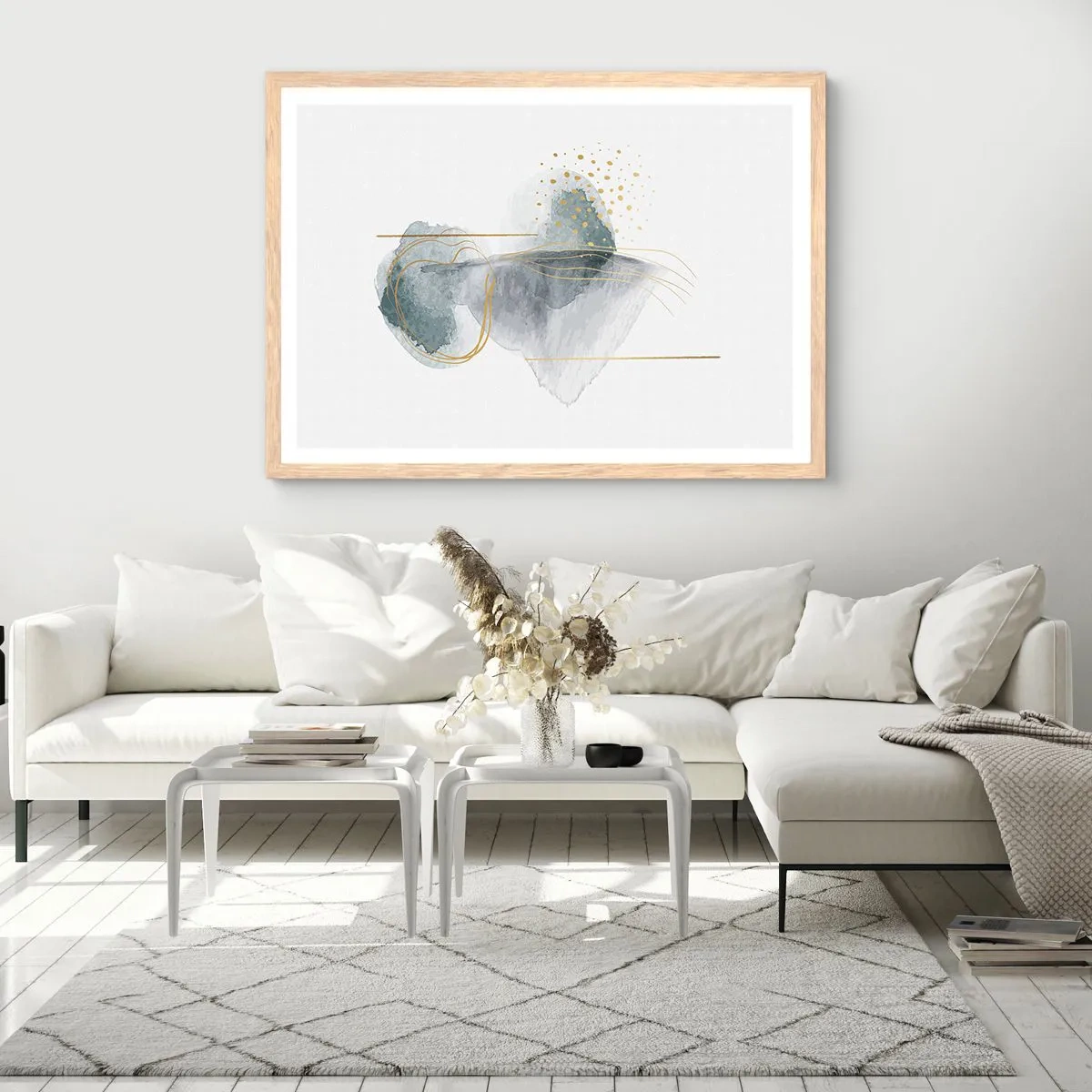 Poster in einem Rahmen aus heller Eiche - Über das Verhältnis von Grau und Gold - 100x70 cm