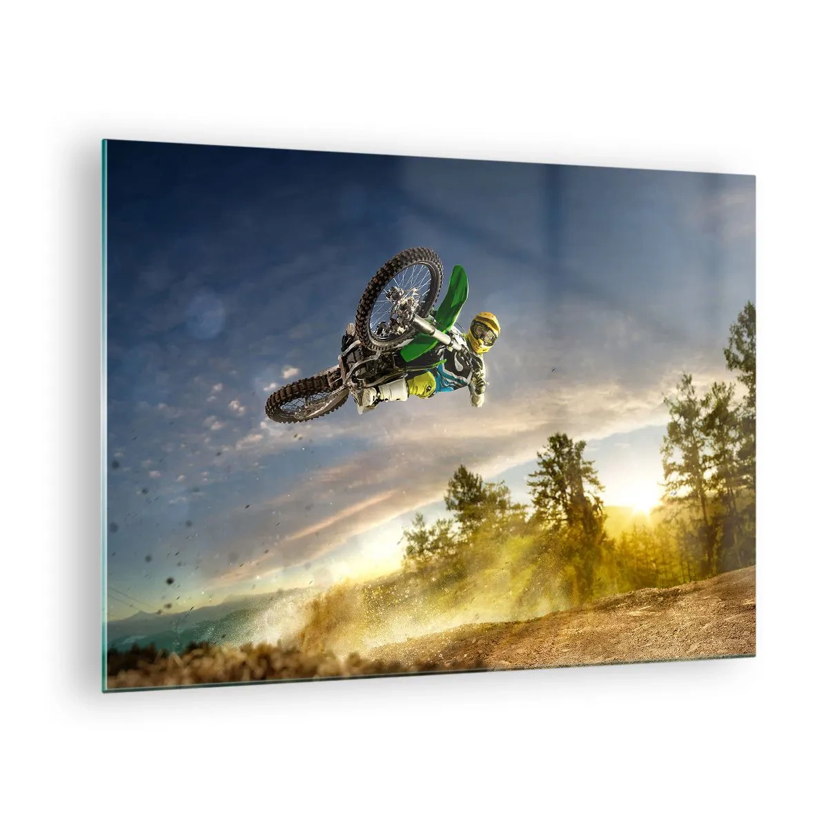 Glasbild - Bild auf glas - Ein Motorradfahrer in Aktion vor der Kulisse der untergehenden Sonne - 70x50cm - Schalten Sie Emotionen ein! - Moderne Wanddekoration für Wohnzimmer und Schlafzimmer ARTTOR
