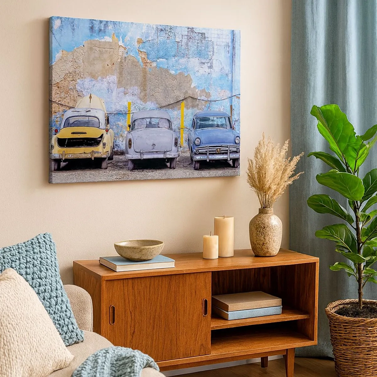 Bild auf Leinwand - Leinwandbild - Alte Autos vor dem Hintergrund einer zerstörten Mauer - 70x50cm - Treffen der Veteranen - Moderne Wanddekoration für Wohnzimmer und Schlafzimmer ARTTOR