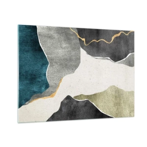 Glasbild - Bild auf glas - Abstraktes Mosaik mit organischen Formen und einer goldenen Linie - 70x50cm - Mosaikkomposition mit Goldfaden - Moderne Wanddekoration für Wohnzimmer und Schlafzimmer ARTTOR