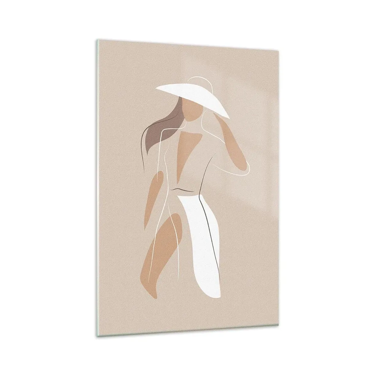 Glasbild - Bild auf glas - Eine minimalistische Zeichnung einer Frau mit Hut auf beigem Hintergrund. - 80x120cm - Mode macht Spaß - Moderne Wanddekoration für Wohnzimmer und Schlafzimmer ARTTOR