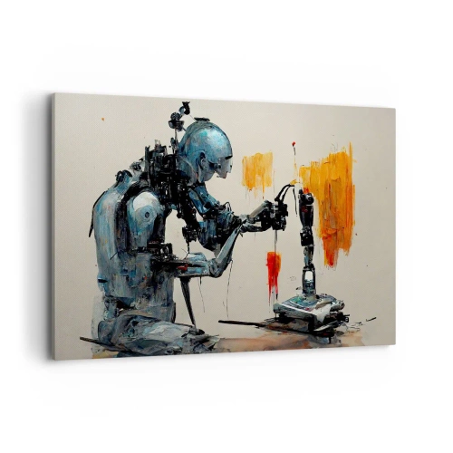 Bild auf Leinwand - Leinwandbild - Roboter bei der Arbeit mit abstraktem Hintergrund - 120x80cm - Schon morgen… - Moderne Wanddekoration für Wohnzimmer und Schlafzimmer ARTTOR