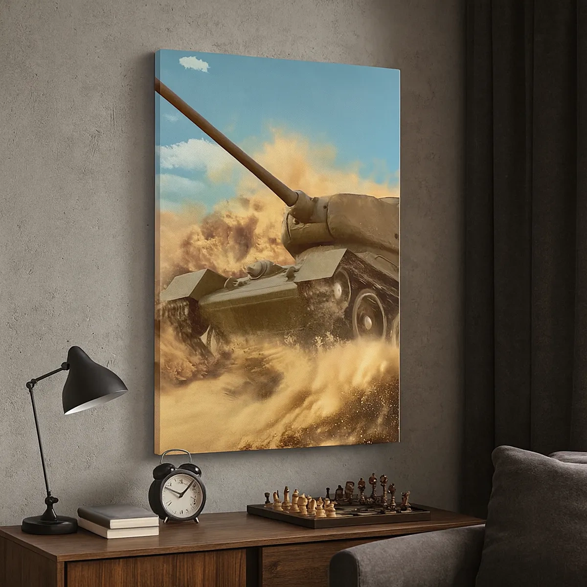 Bild auf Leinwand - Leinwandbild - Ein Panzer im Einsatz in der Wüste, umgeben von Sandstaub. - 50x70cm - Nicht zu besiegen - Moderne Wanddekoration für Wohnzimmer und Schlafzimmer ARTTOR