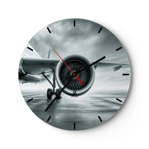 Wanduhr - Glasuhr - Blick auf das Triebwerk eines Passagierflugzeugs auf der Landebahn des Flughafens - 30x30cm - Die Macht ist da! - Moderne Wanddekoration für Wohnzimmer, Küche und Schlafzimmer ARTTOR