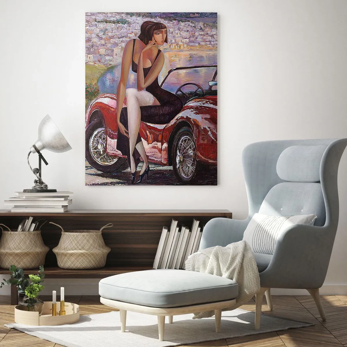 Glasbild - Bild auf glas - Eine Frau neben einem roten Auto mit einer Stadt im Hintergrund - 70x100cm - Sommer? Nur an der Riviera - Moderne Wanddekoration für Wohnzimmer und Schlafzimmer ARTTOR
