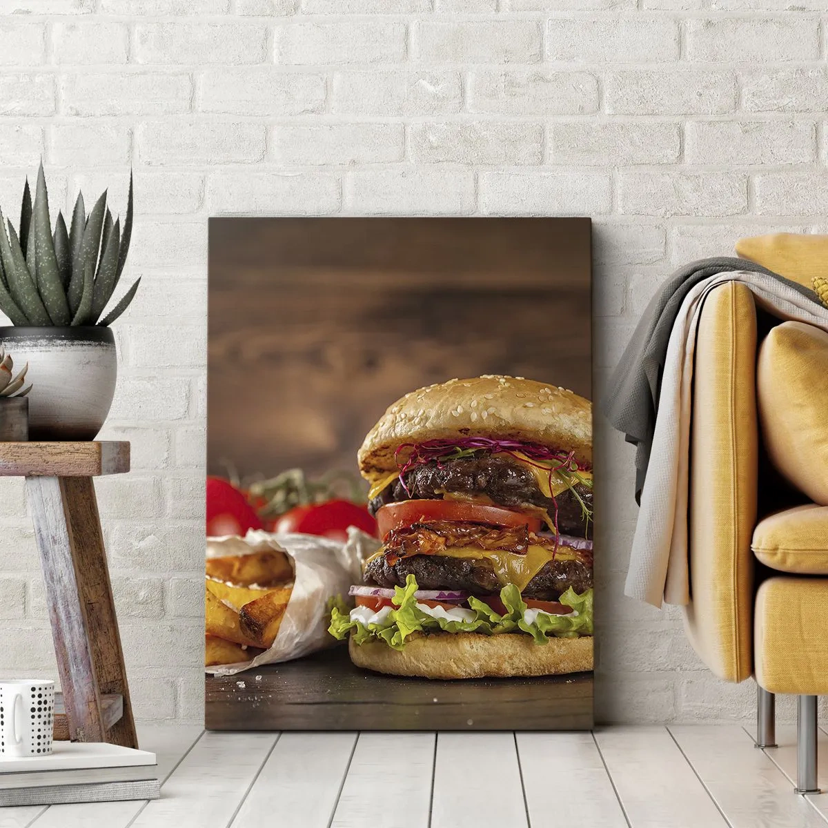 Bild auf Leinwand - Leinwandbild - Appetitlicher Burger mit Extras - 80x120cm - Die verbotene Frucht - Moderne Wanddekoration für Wohnzimmer und Schlafzimmer ARTTOR