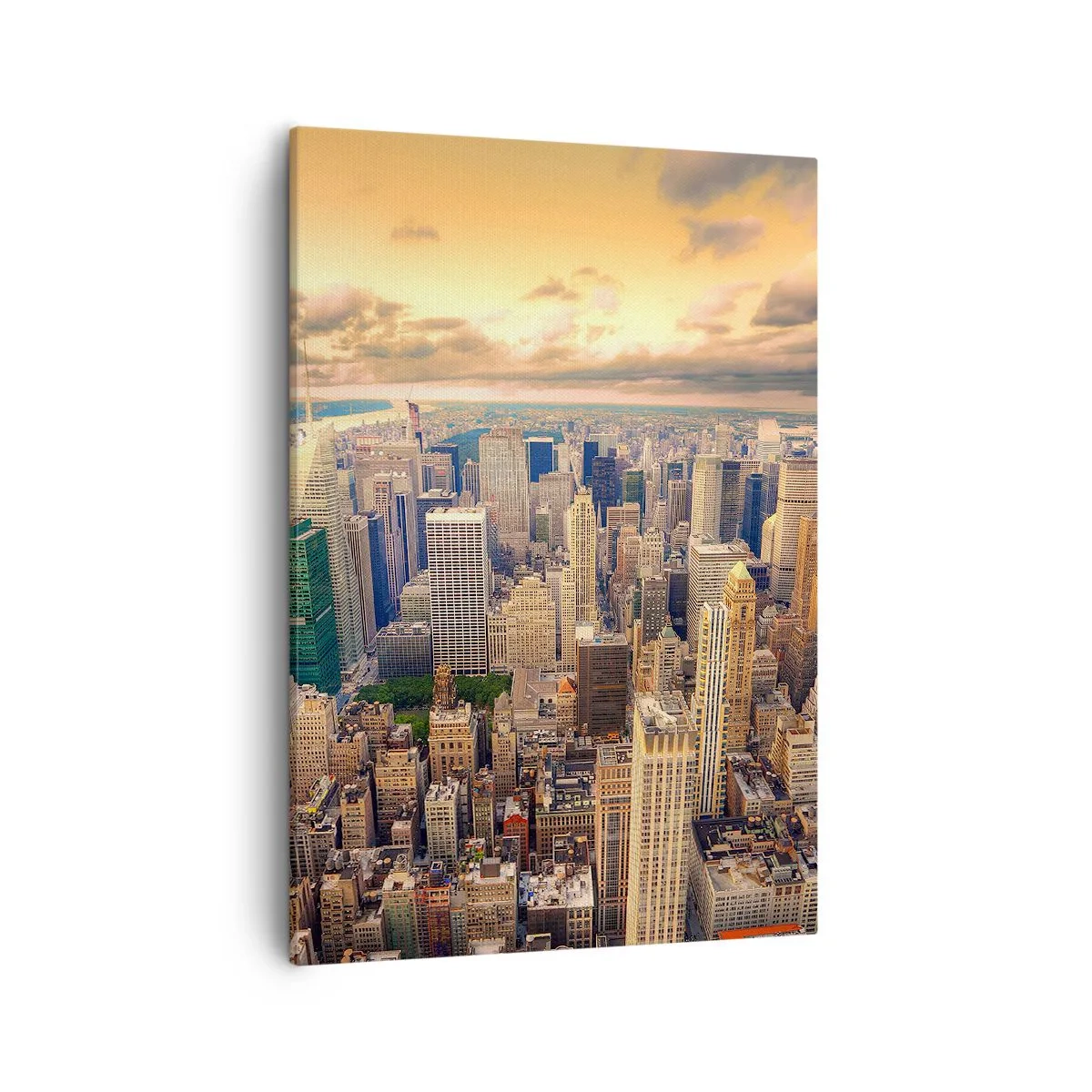 Bild auf Leinwand - Leinwandbild - Stadtpanorama mit Blick auf Wolkenkratzer bei Sonnenuntergang - 50x70cm - Vergoldete Metropole - Moderne Wanddekoration für Wohnzimmer und Schlafzimmer ARTTOR