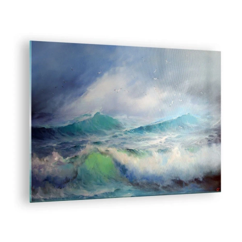 Glasbild - Bild auf glas - Raue Meereswellen mit Vögeln in einem bewölkten Himmel - 70x50cm - Der wind heulte mit Triumph - Moderne Wanddekoration für Wohnzimmer und Schlafzimmer ARTTOR