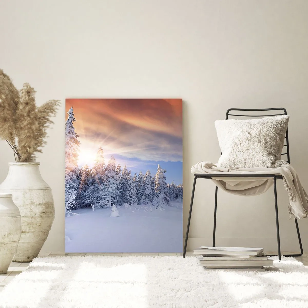 Glasbild - Bild auf glas - Winterlandschaft mit schneebedecktem Wald bei Sonnenuntergang - 70x100cm - Ein verschneites Naturschauspiel - Moderne Wanddekoration für Wohnzimmer und Schlafzimmer ARTTOR