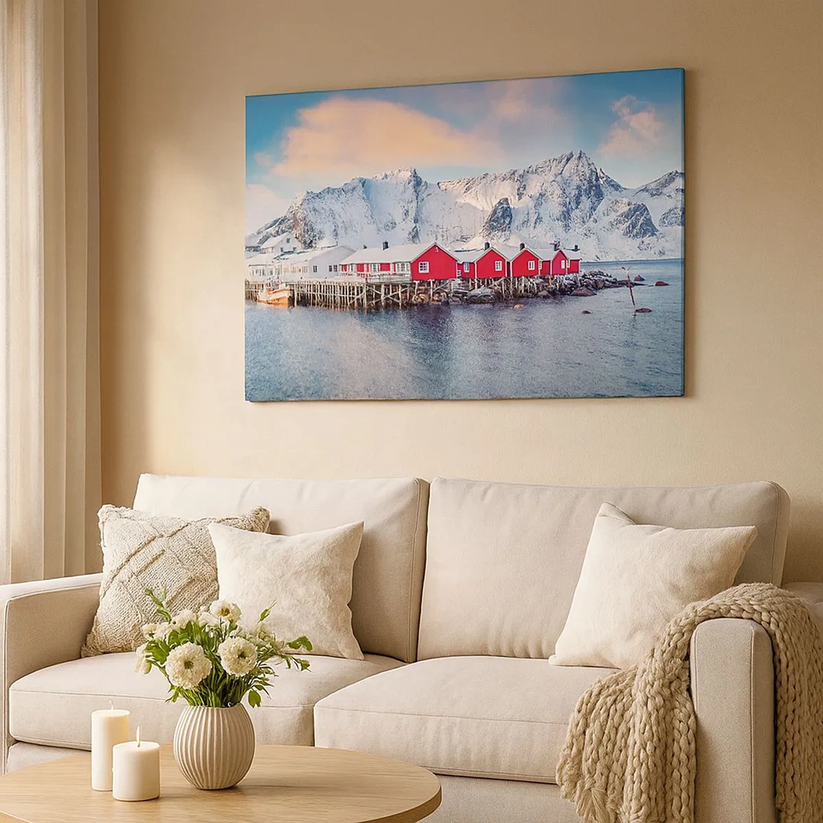Bild auf Leinwand - Leinwandbild - Rote Häuser vor dem Hintergrund schneebedeckter Berge und des blauen Meeres - 70x50cm - Nördlicher Rückzug - Moderne Wanddekoration für Wohnzimmer und Schlafzimmer ARTTOR