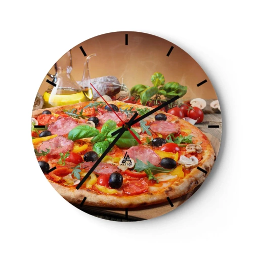 Wanduhr - Glasuhr - Appetitliche Pizza mit Belag auf einem Holztisch - 30x30cm - Mit echtem italienischem Flair - Moderne Wanddekoration für Wohnzimmer, Küche und Schlafzimmer ARTTOR