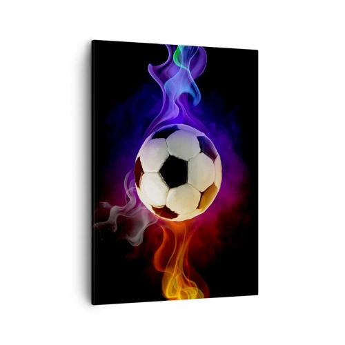 Bild auf Leinwand - Leinwandbild - Ein Fußball, umgeben von bunten Raucheffekten auf dunklem Hintergrund. - 50x70cm - Die magische Kraft des Spiels - Moderne Wanddekoration für Wohnzimmer und Schlafzimmer ARTTOR