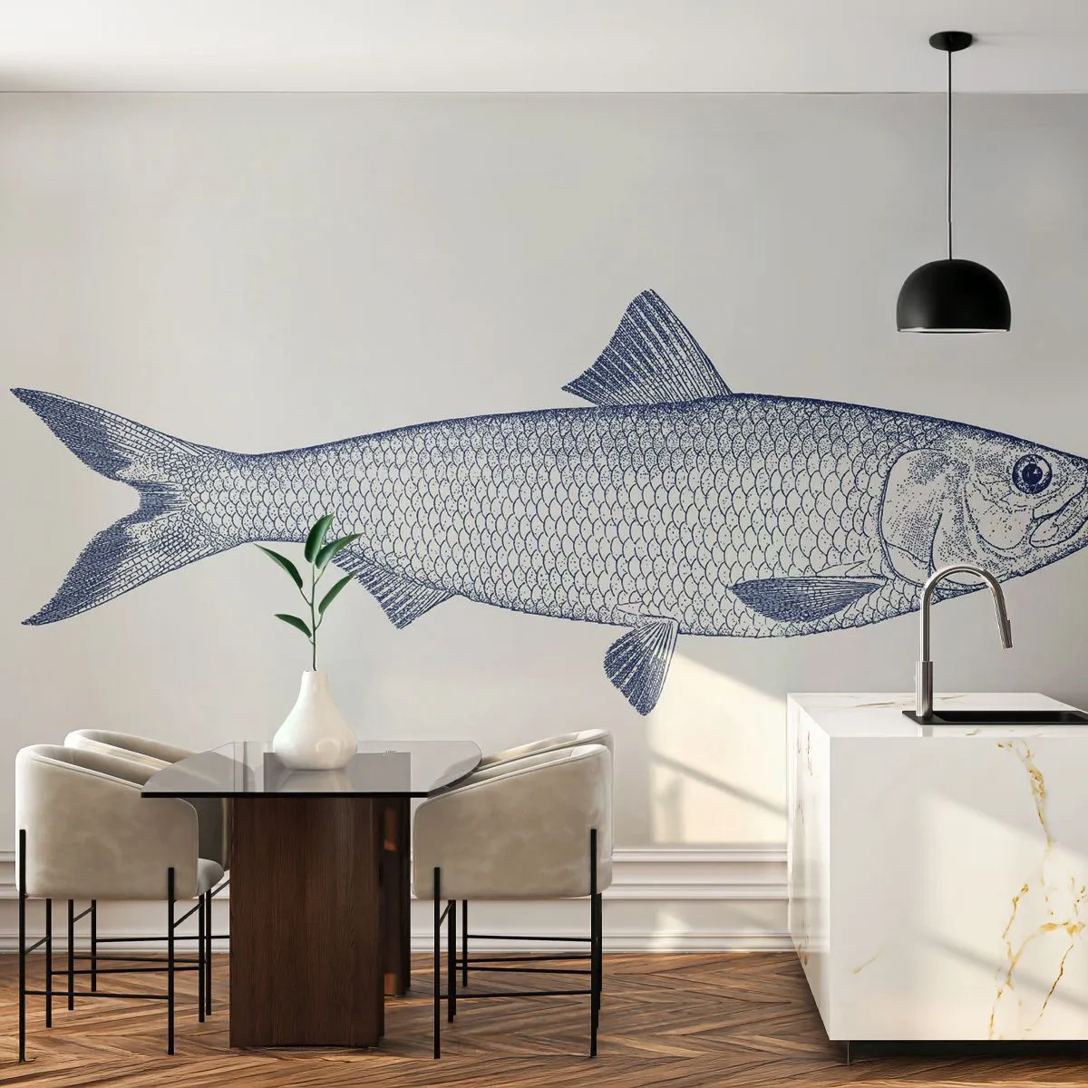 Fototapete Premium Canvas - Grüße aus den nördlichen Meeren - Fisch, Meerestier, Küstenstil - 300x210 cm