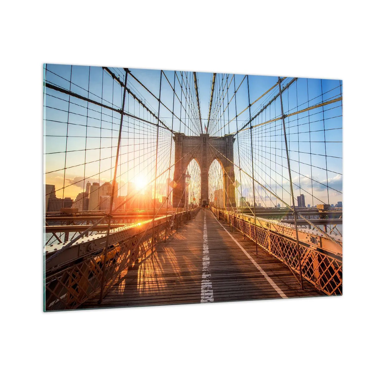 Glasbild - Bild auf glas - Sonnenuntergang auf der Brooklyn Bridge in New York - 100x70cm - Auf der goldenen Brücke - Moderne Wanddekoration für Wohnzimmer und Schlafzimmer ARTTOR