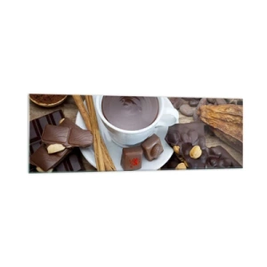 Glasbild - Bild auf glas - Eine Tasse heiße Schokolade, umgeben von Dessertzutaten - 160x50cm - Aus einer märchenhaften Schokoladenfabrik - Moderne Wanddekoration für Wohnzimmer und Schlafzimmer ARTTOR