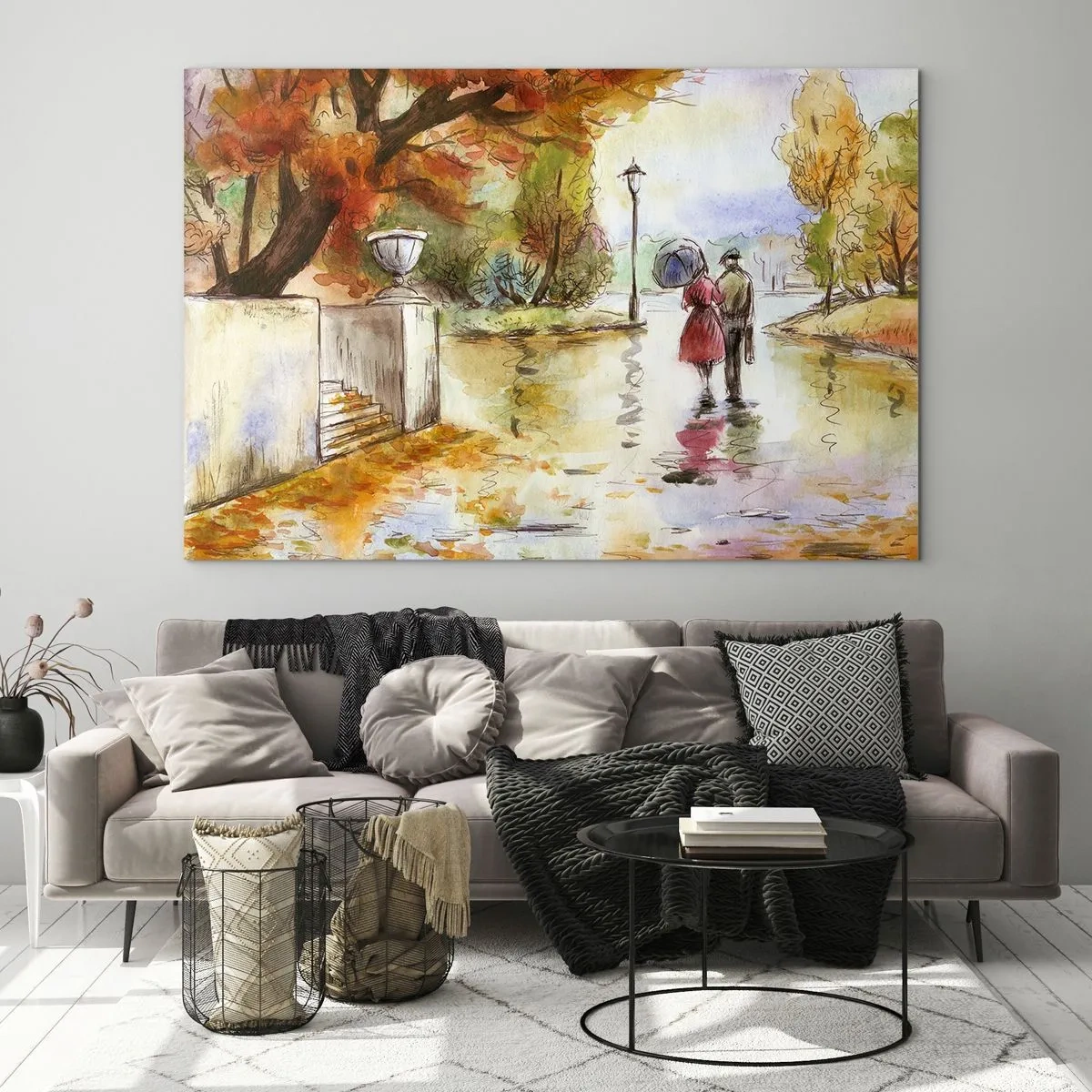 Glasbild - Bild auf glas - Herbstspaziergang eines Paares durch einen Park mit bunten Blättern - 70x50cm - Romantischer Herbst im Park - Moderne Wanddekoration für Wohnzimmer und Schlafzimmer ARTTOR
