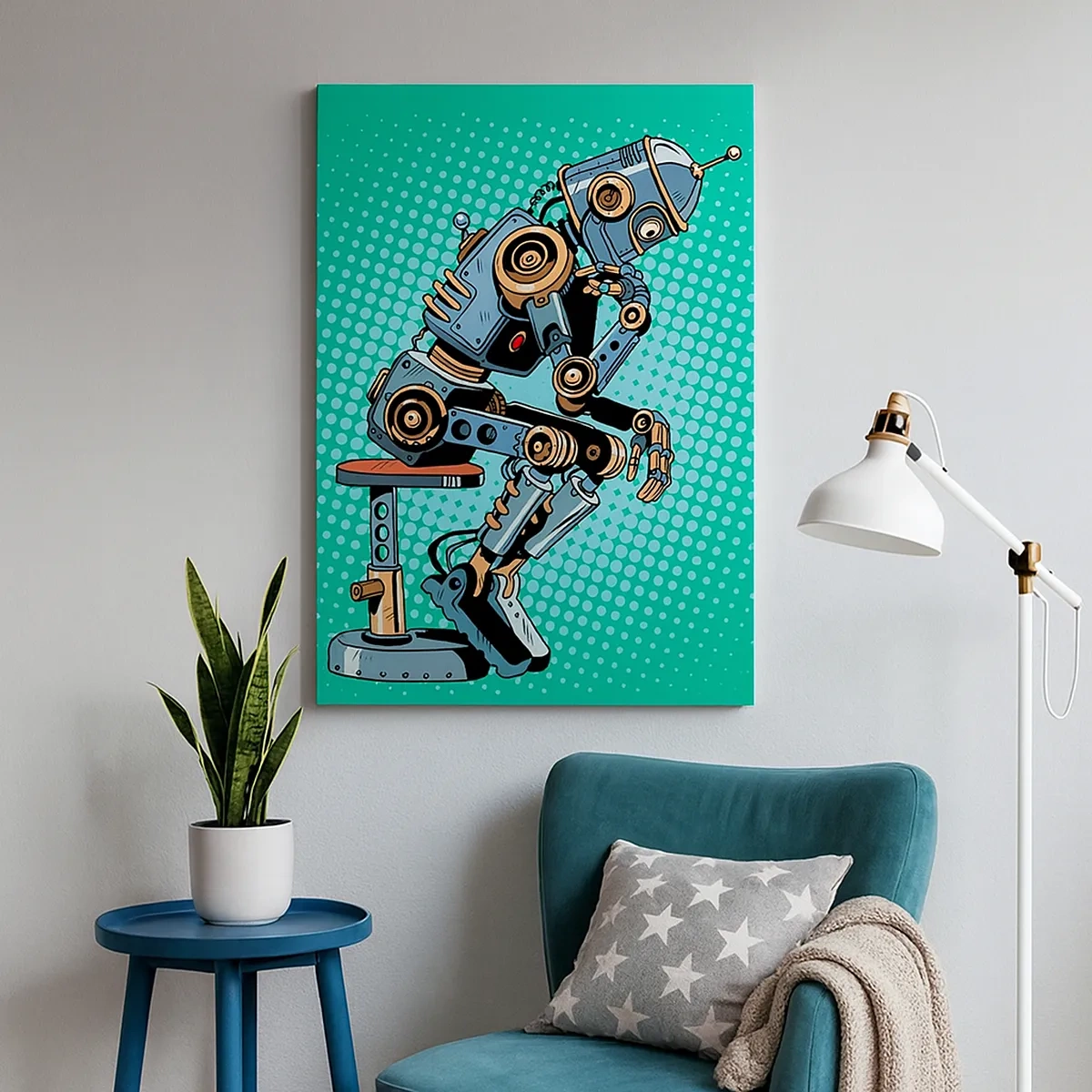 Bild auf Leinwand - Leinwandbild - Denkerroboter im Pop-Art-Stil auf grünem Hintergrund - 50x70cm - Über der Essenz des Seins - Moderne Wanddekoration für Wohnzimmer und Schlafzimmer ARTTOR