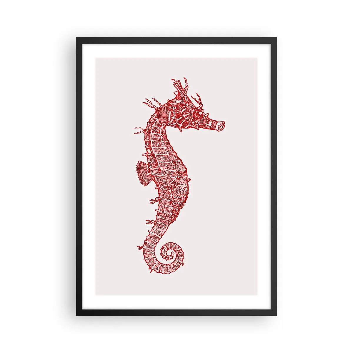 Poster in einem schwarzem Rahmen - Rotes Steampunk-Seepferdchen auf hellem Hintergrund - 50x70cm - Komplizierte Kreatur - Moderne Wanddekoration für Wohnzimmer und Schlafzimmer ARTTOR