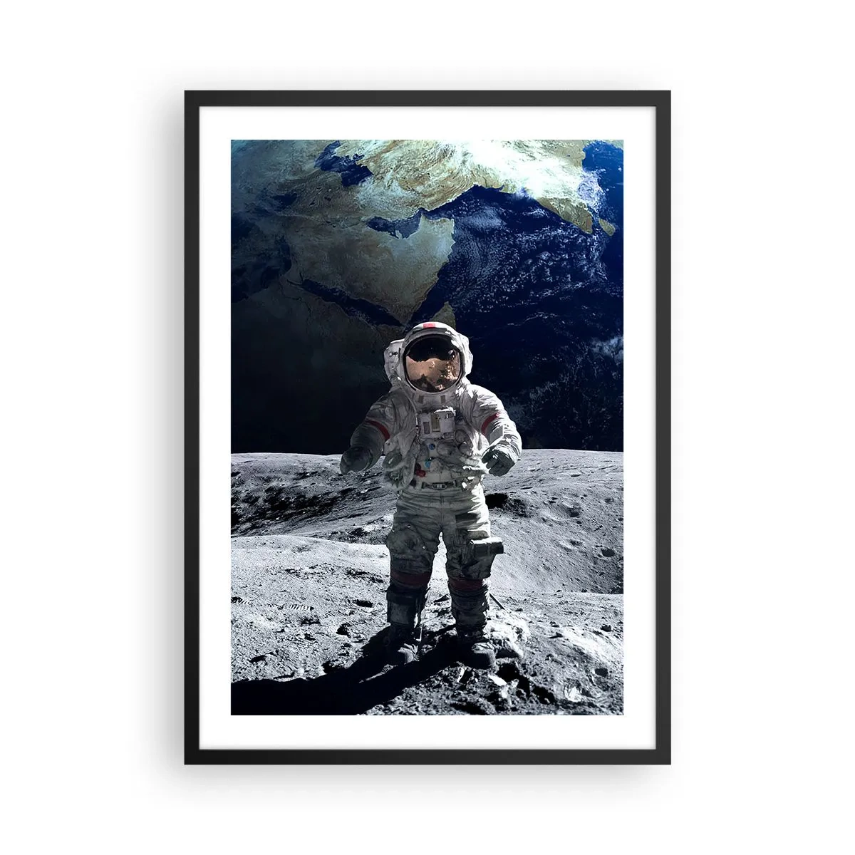 Poster in einem schwarzem Rahmen - Astronaut auf der Mondoberfläche - 50x70cm - Grüße vom Mond - Moderne Wanddekoration für Wohnzimmer und Schlafzimmer ARTTOR