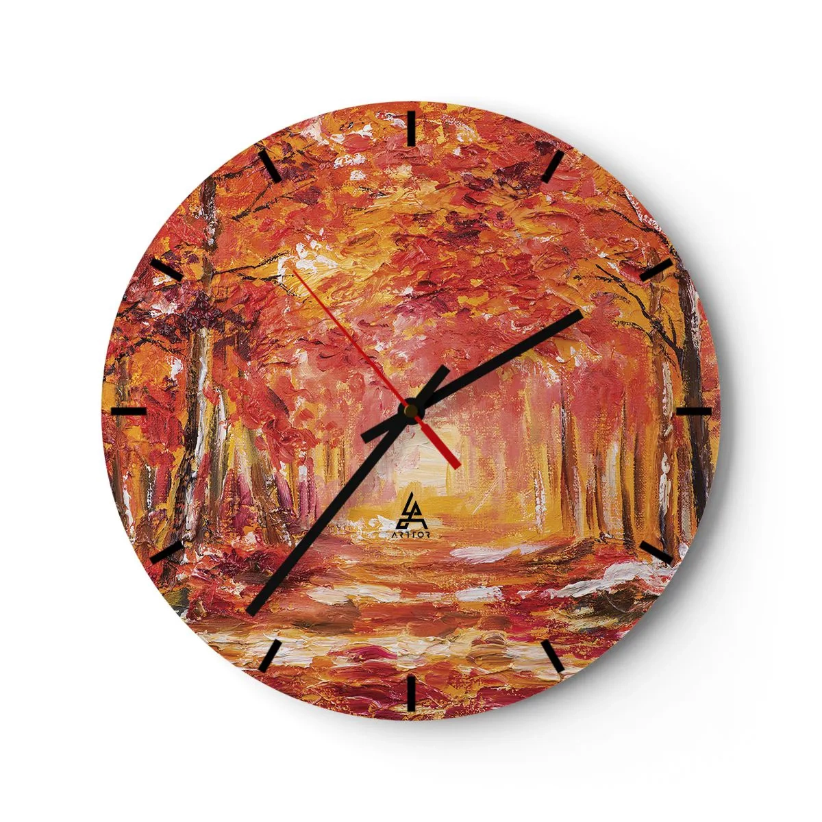 Wanduhr - Glasuhr - Herbstwald in warmen Rot- und Orangetönen - 30x30cm - Kupferwald - Moderne Wanddekoration für Wohnzimmer, Küche und Schlafzimmer ARTTOR