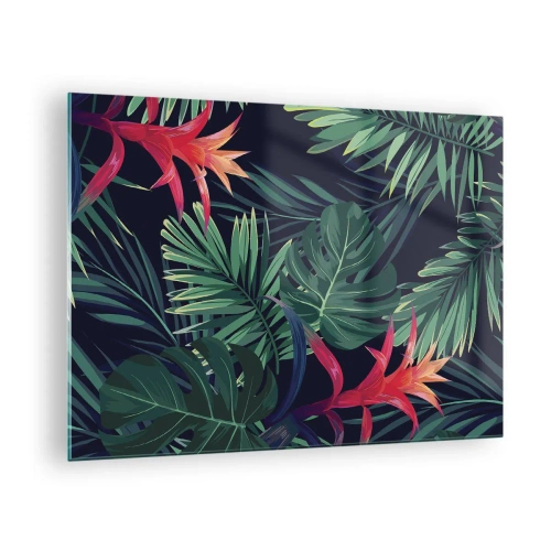Glasbild - Bild auf glas - Exotische Blätter und Blüten auf dunklem Hintergrund - 70x50cm - Im Grünen in Flammen gehen - Moderne Wanddekoration für Wohnzimmer und Schlafzimmer ARTTOR