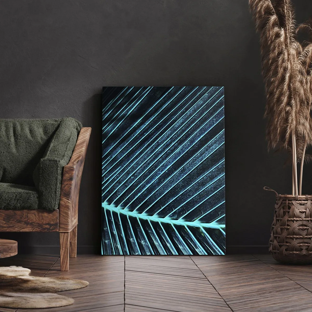 Bild auf Leinwand - Leinwandbild - Makrofotografie eines Blattes in Türkis- und Marineblautönen - 50x70cm - Grüne Textur - Moderne Wanddekoration für Wohnzimmer und Schlafzimmer ARTTOR