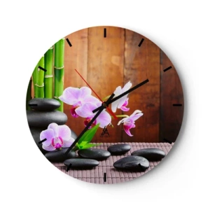 Wanduhr - Glasuhr - Lila Orchideen mit Bambus und Steinen - 30x30cm - Treffen Sie die Freuden des Ostens - Moderne Wanddekoration für Wohnzimmer, Küche und Schlafzimmer ARTTOR