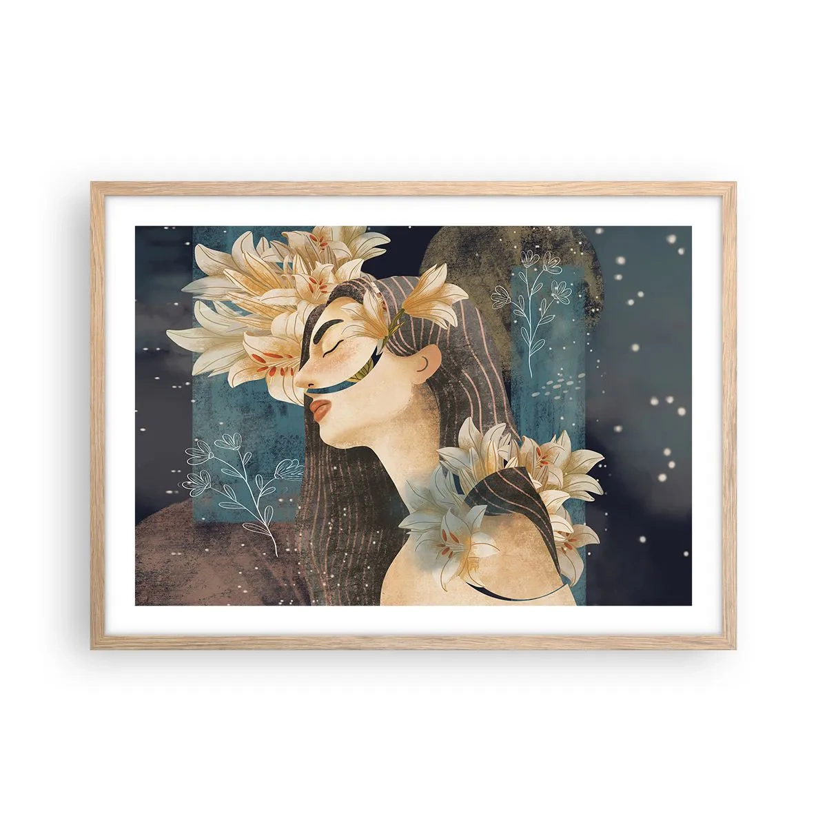 Poster in einem Rahmen aus heller Eiche - Ein Märchen über eine Prinzessin mit Lilien - 70x50 cm