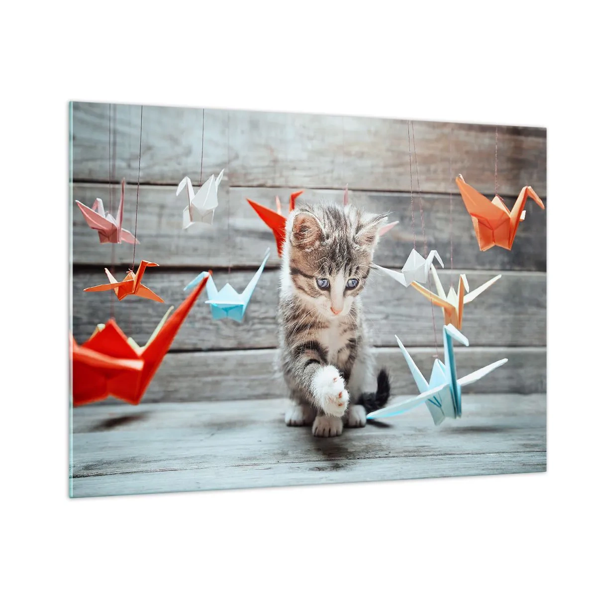 Glasbild - Bild auf glas - Eine Katze spielt mit bunten Origami-Kranichen - 100x70cm - Erste Stunde - Moderne Wanddekoration für Wohnzimmer und Schlafzimmer ARTTOR