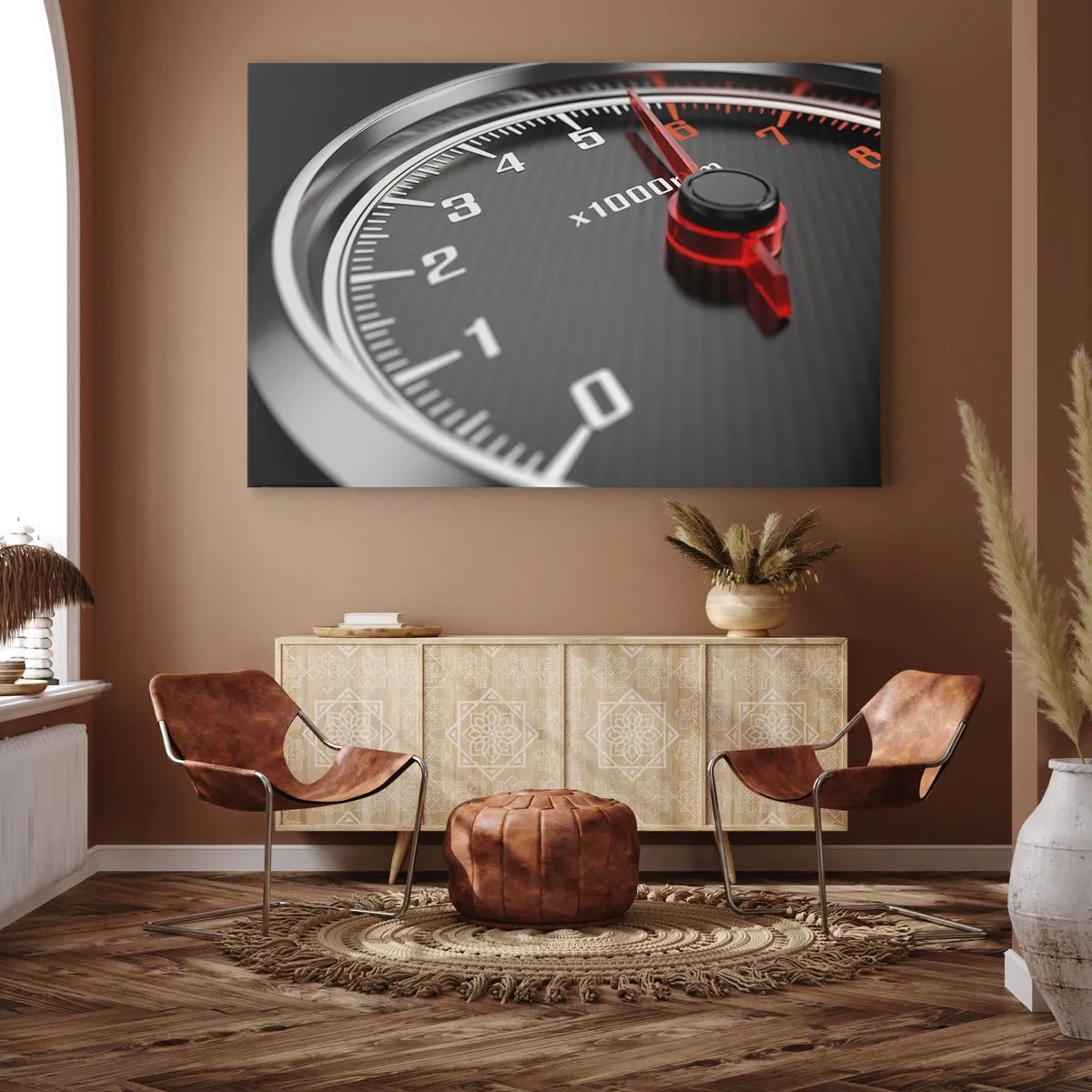 Bild auf Leinwand - Leinwandbild - Nahaufnahme des Drehzahlmessers mit der roten Nadel - 70x50cm - Vollgas! - Moderne Wanddekoration für Wohnzimmer und Schlafzimmer ARTTOR