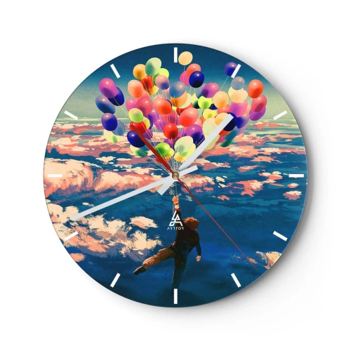 Wanduhr - Glasuhr - Eine Figur, die mit bunten Luftballons in der Luft schwebt - 30x30cm - Ein Kindheitstraum wird wahr - Moderne Wanddekoration für Wohnzimmer, Küche und Schlafzimmer ARTTOR