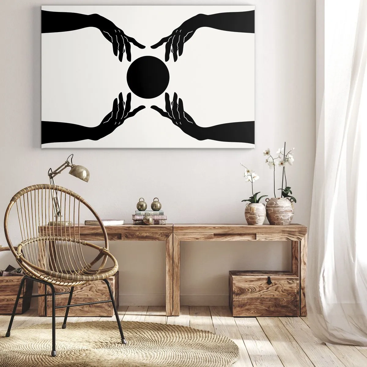 Bild auf Leinwand - Leinwandbild - Schwarze Hände in einer symmetrischen Komposition mit einer Kugel - 70x50cm - Geheimes Zeichen - Moderne Wanddekoration für Wohnzimmer und Schlafzimmer ARTTOR