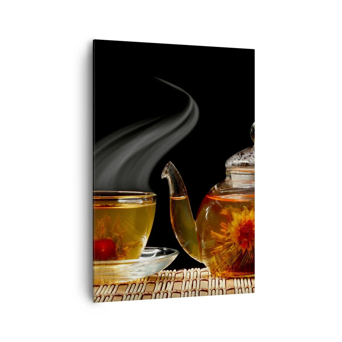 Bild auf Leinwand - Leinwandbild - Glasteekanne mit Blumentee und einer Tasse - 70x100cm - Die Magie und Kunst des Teezubereitens - Moderne Wanddekoration für Wohnzimmer und Schlafzimmer ARTTOR