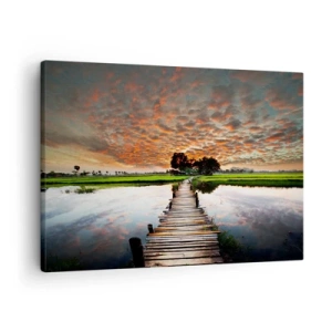 Bild auf Leinwand - Leinwandbild - Holzbrücke über dem Wasser bei Sonnenuntergang - 70x50cm - Arme ausstrecken - atmen - Moderne Wanddekoration für Wohnzimmer und Schlafzimmer ARTTOR