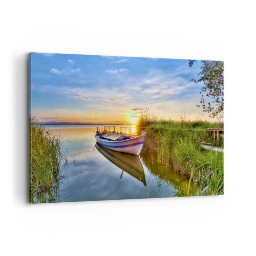 Bild auf Leinwand - Leinwandbild - Ein Boot in einer ruhigen Bucht bei Sonnenuntergang - 120x80cm - Bucht erfüllter Träume - Moderne Wanddekoration für Wohnzimmer und Schlafzimmer ARTTOR