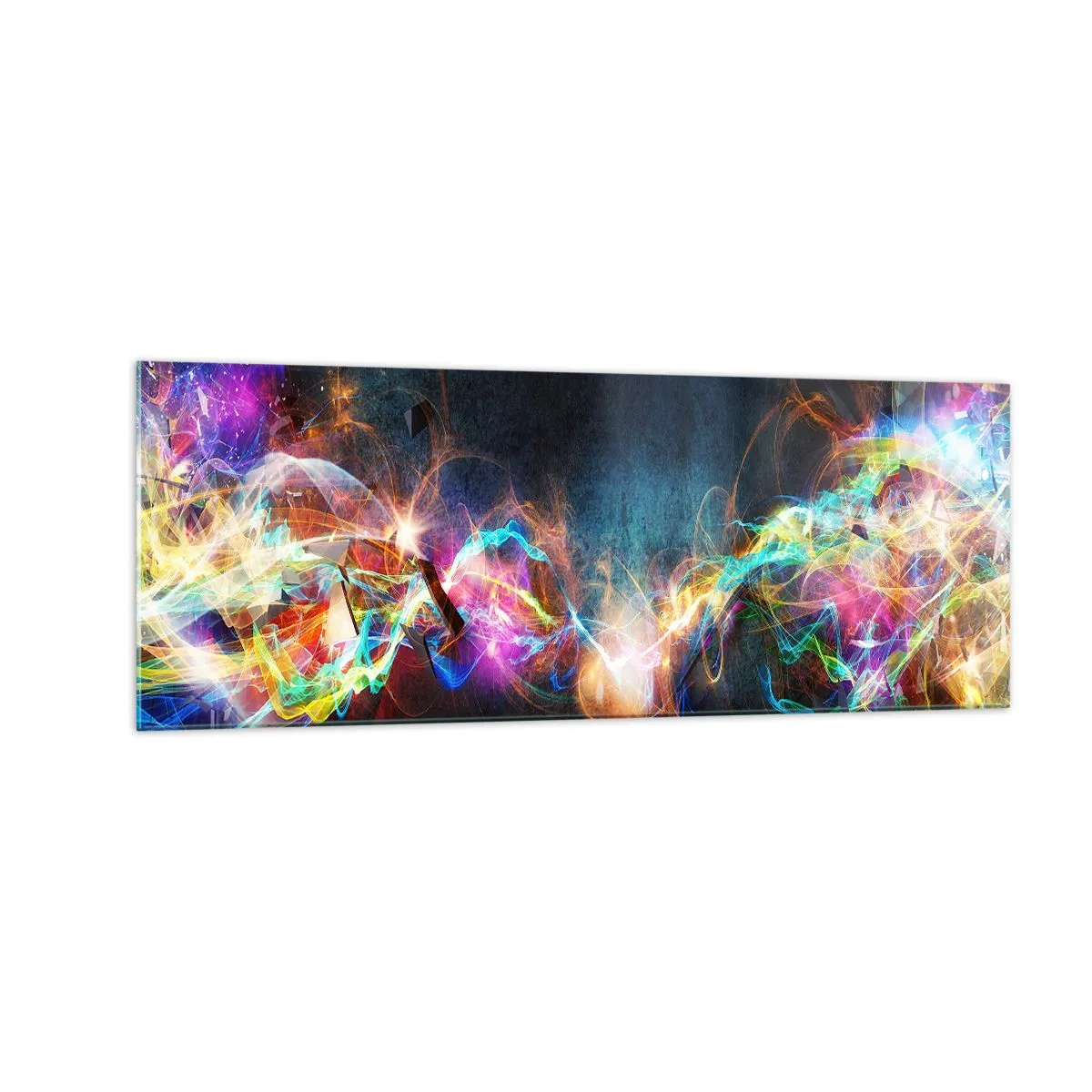 Glasbild - Bild auf glas - Bunte Lichtblitze in einer abstrakten Komposition - 140x50cm - Freudig gegen die Dunkelheit - Moderne Wanddekoration für Wohnzimmer und Schlafzimmer ARTTOR