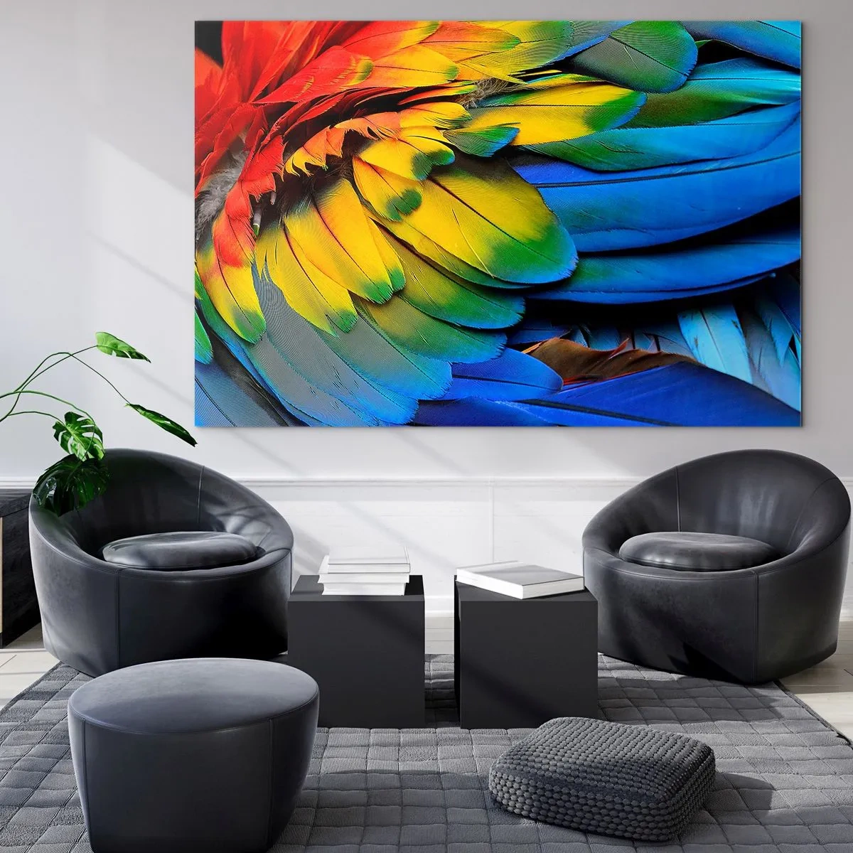 Glasbild - Bild auf glas - Bunte Papageienfedern in intensiven Regenbogenfarben - 70x50cm - Paradiesvogel - Moderne Wanddekoration für Wohnzimmer und Schlafzimmer ARTTOR