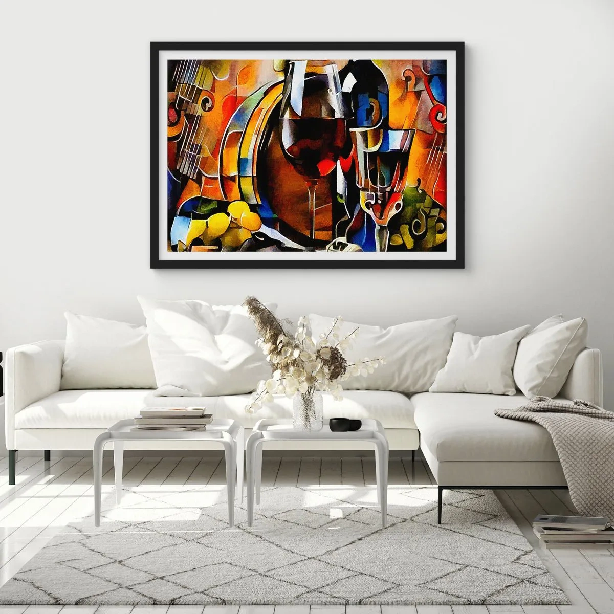 Poster in einem schwarzem Rahmen - Abstraktes Stillleben mit Gläsern und Instrumenten - 70x50cm - Und die Welt nimmt Farben an - Moderne Wanddekoration für Wohnzimmer und Schlafzimmer ARTTOR