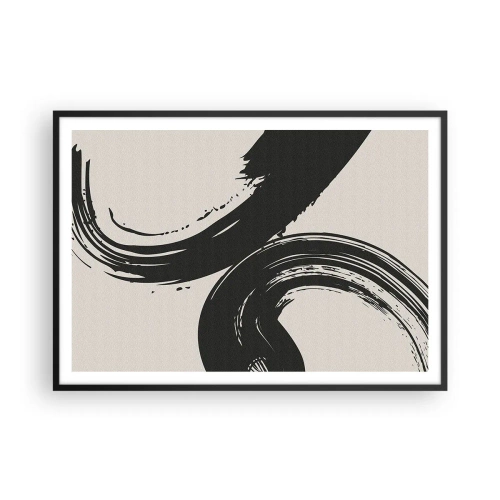 Poster in einem schwarzem Rahmen - Dynamische Pinselstriche in Schwarz auf hellem Hintergrund - 100x70cm - Ausladend und kreisförmig - Moderne Wanddekoration für Wohnzimmer und Schlafzimmer ARTTOR