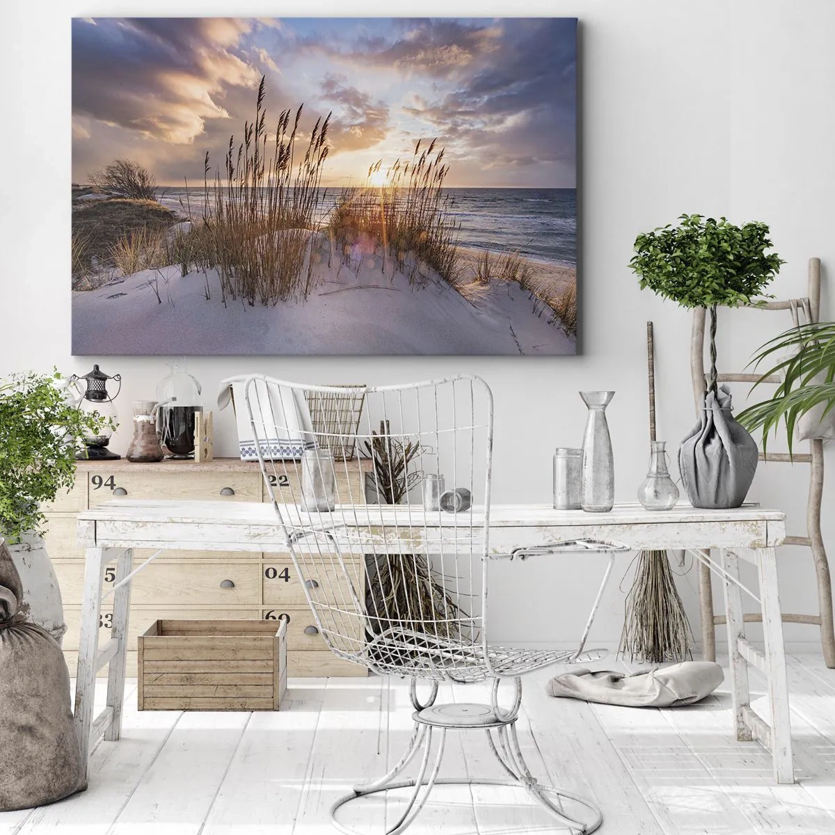 Bild auf Leinwand - Leinwandbild - Dünen mit Gräsern vor dem Hintergrund der untergehenden Sonne - 70x50cm - Abschied von Sonne und Wind - Moderne Wanddekoration für Wohnzimmer und Schlafzimmer ARTTOR
